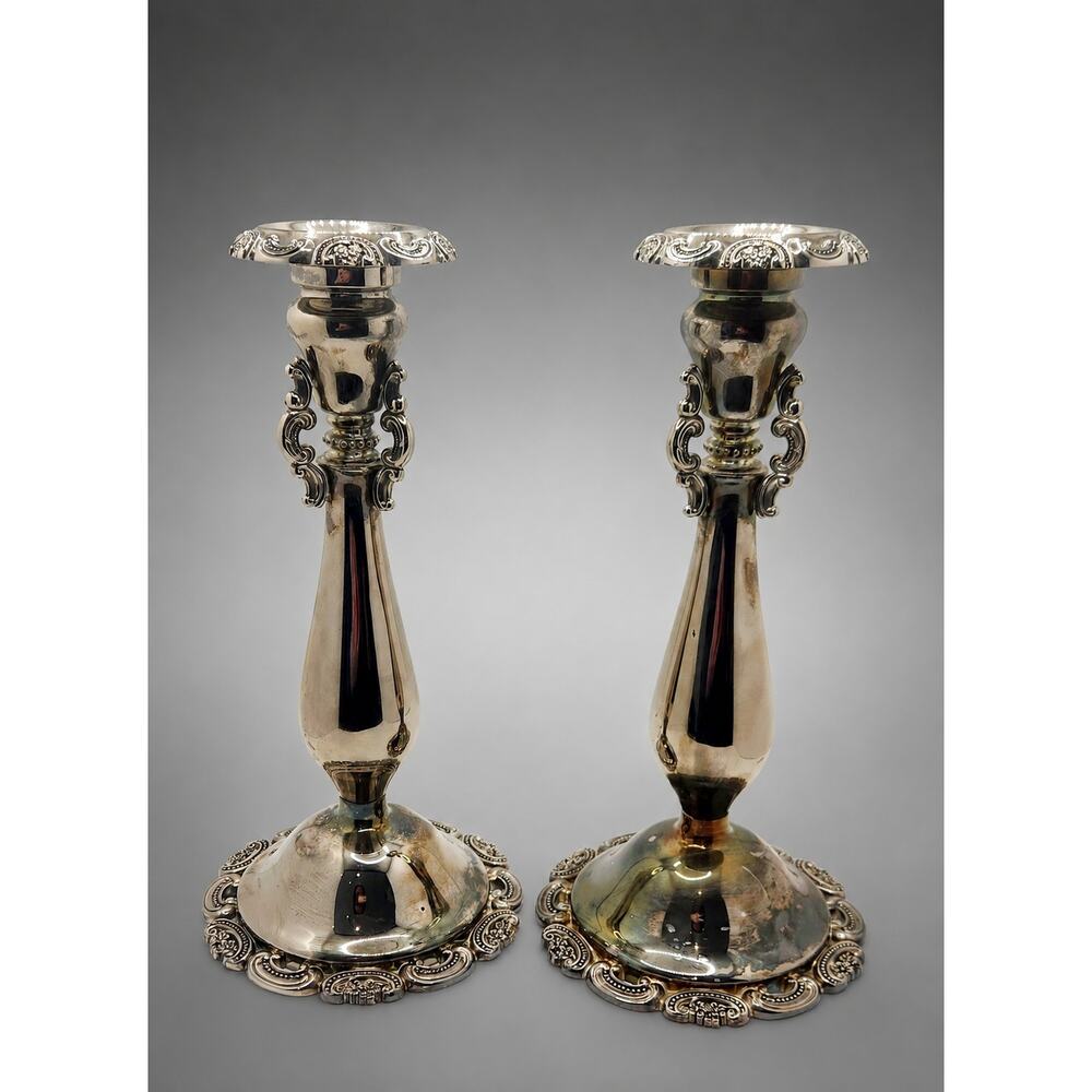 Baroque by Wallace Silver Plate Pair Of Candlesticks for Taper Candles. 9 1/2".